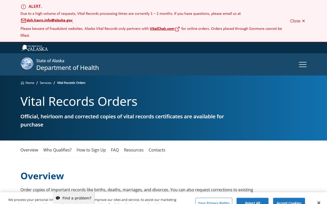 Big Lake Alaska vital records order page