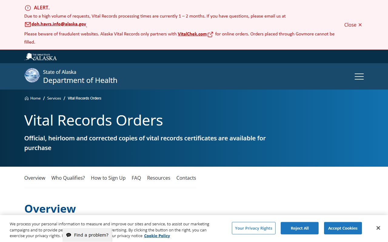 Homer Alaska vital records order page