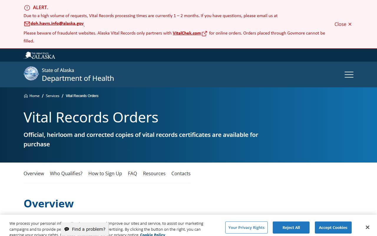 Valdez Alaska vital records order page