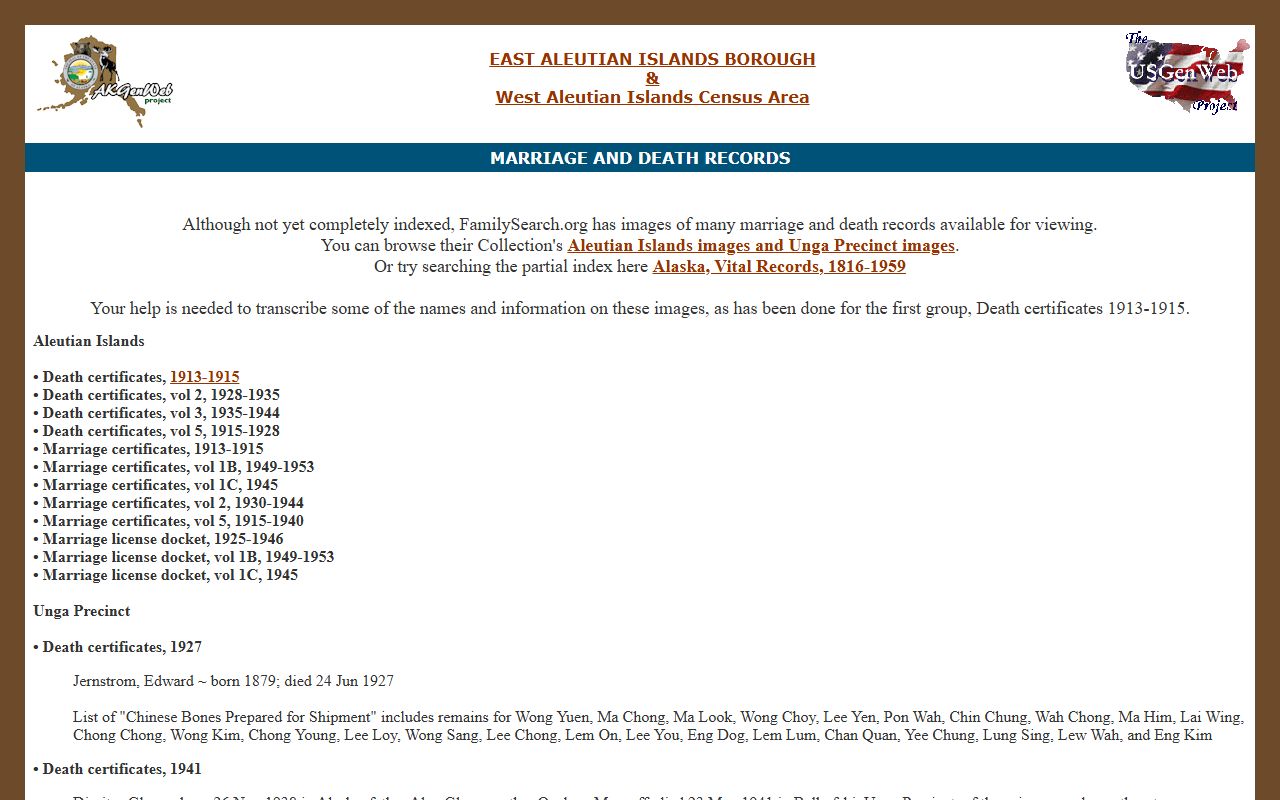 Aleutians East Borough historical marriage records index at AKGenWeb