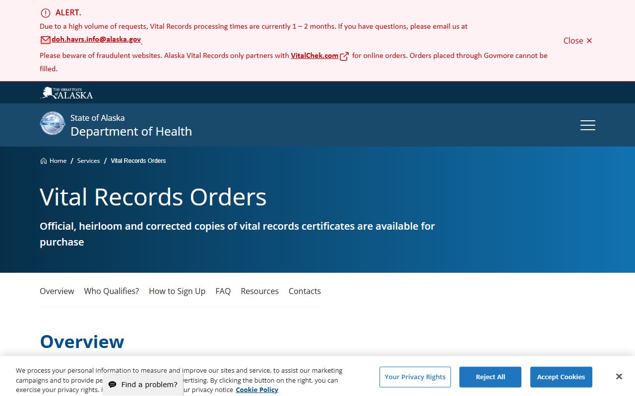 Alaska Vital Records Order Page