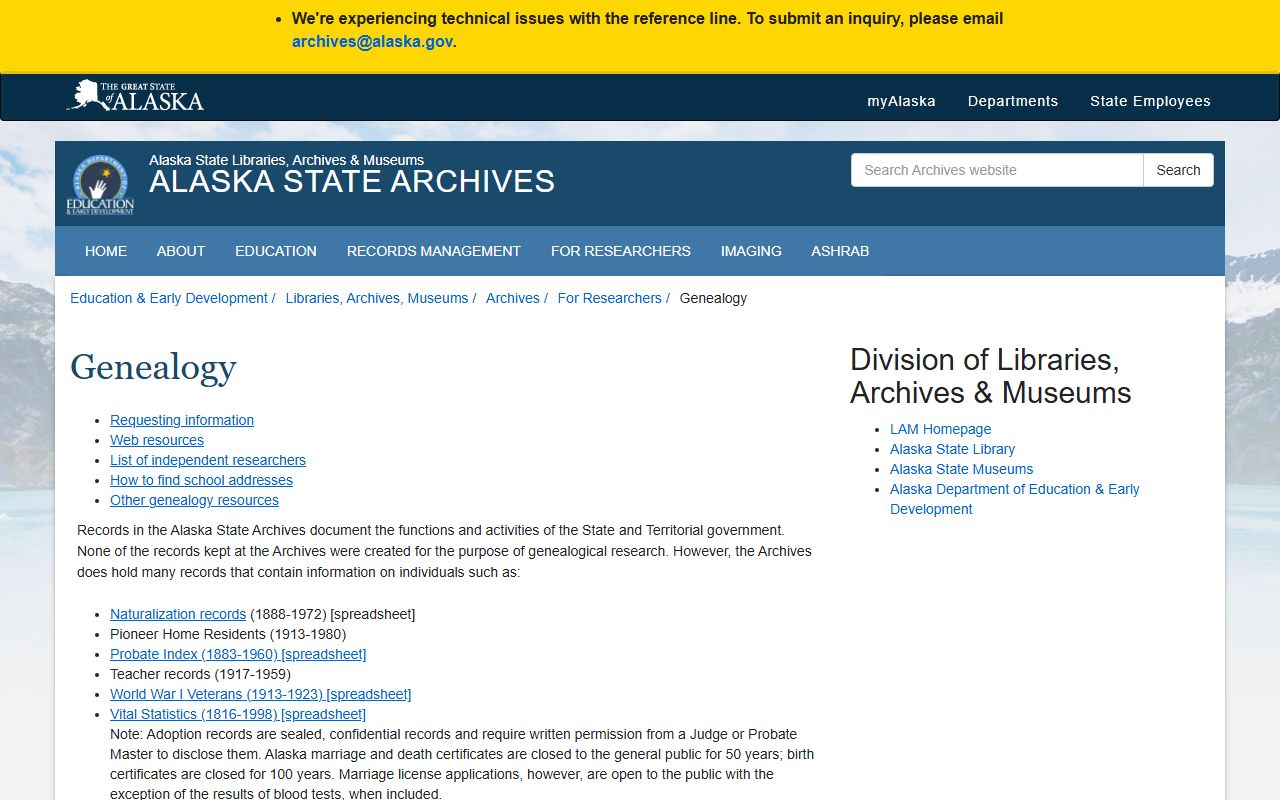 Alaska State Archives genealogy resources page