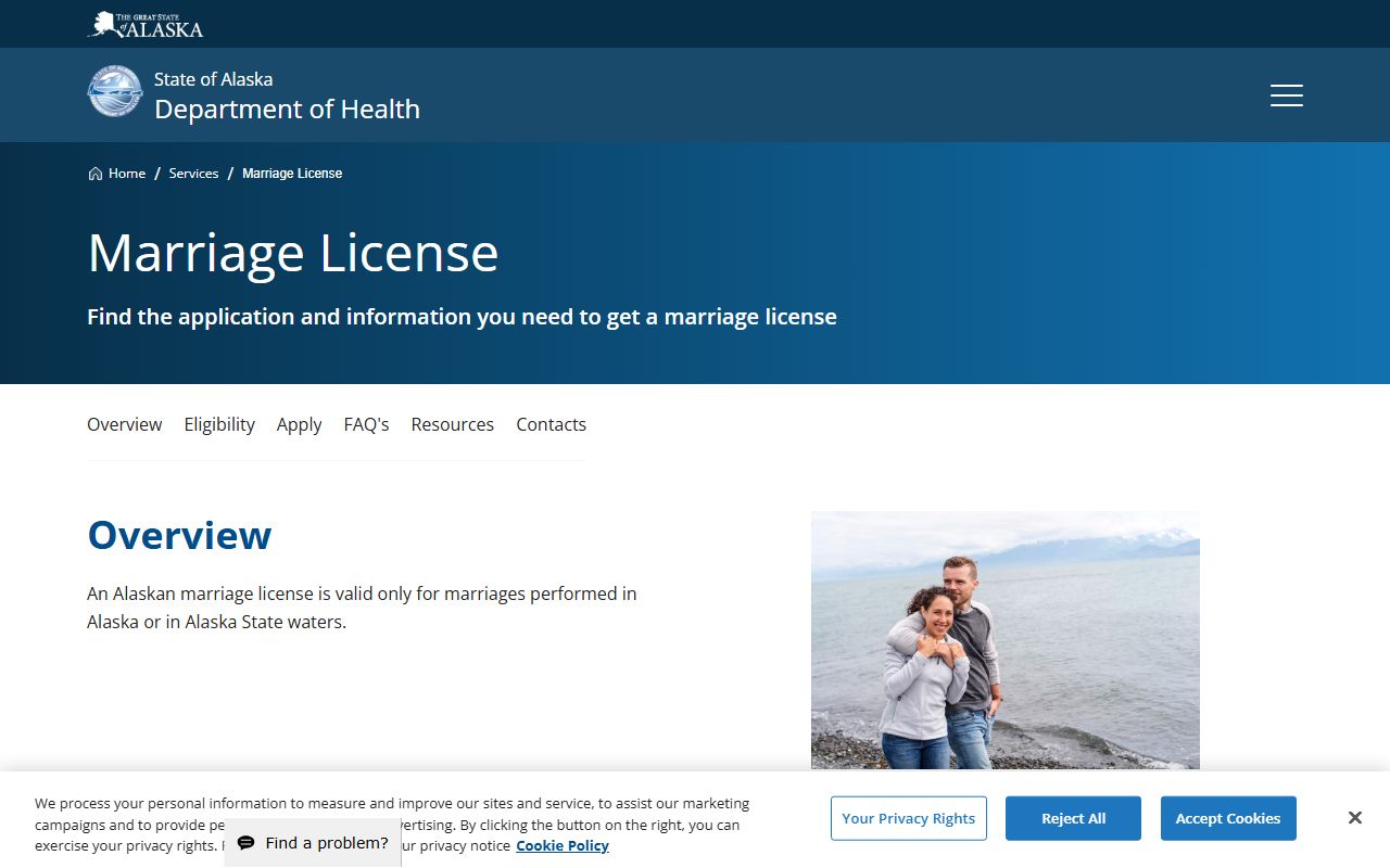 Alaska Department of Health official marriage license page