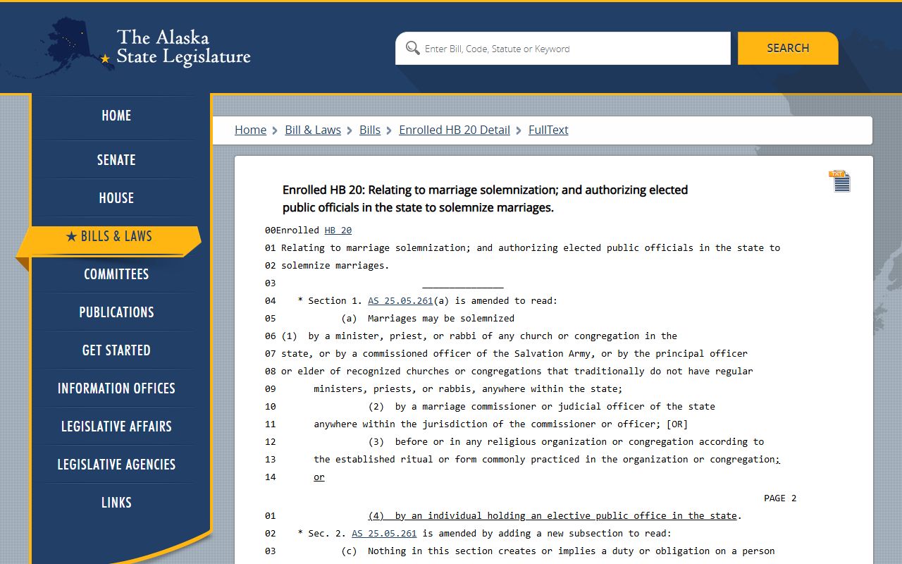 Alaska Legislature HB 20 marriage solemnization bill