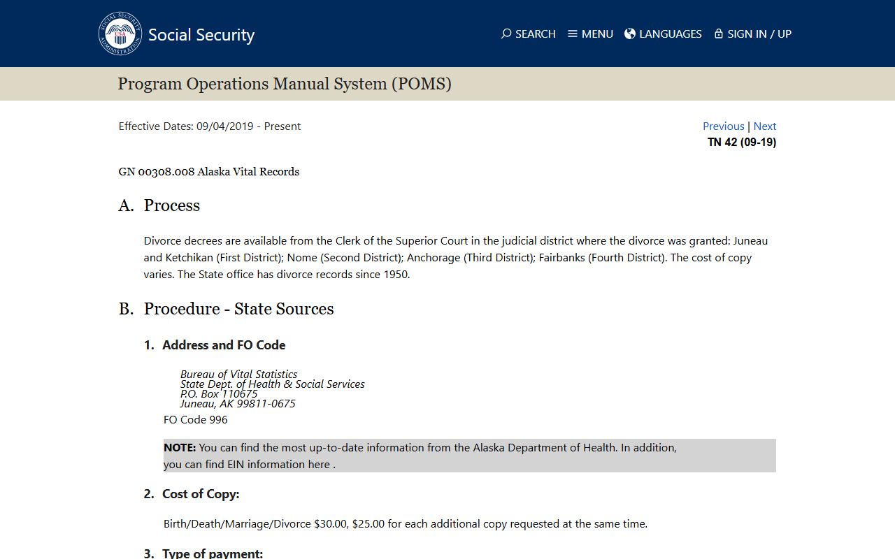 SSA POMS Alaska vital records information